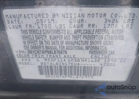 2019 Nissan Versa 1.6 Sv z USA, uszkodzony, nr VIN 3N1CN7AP9KL876979